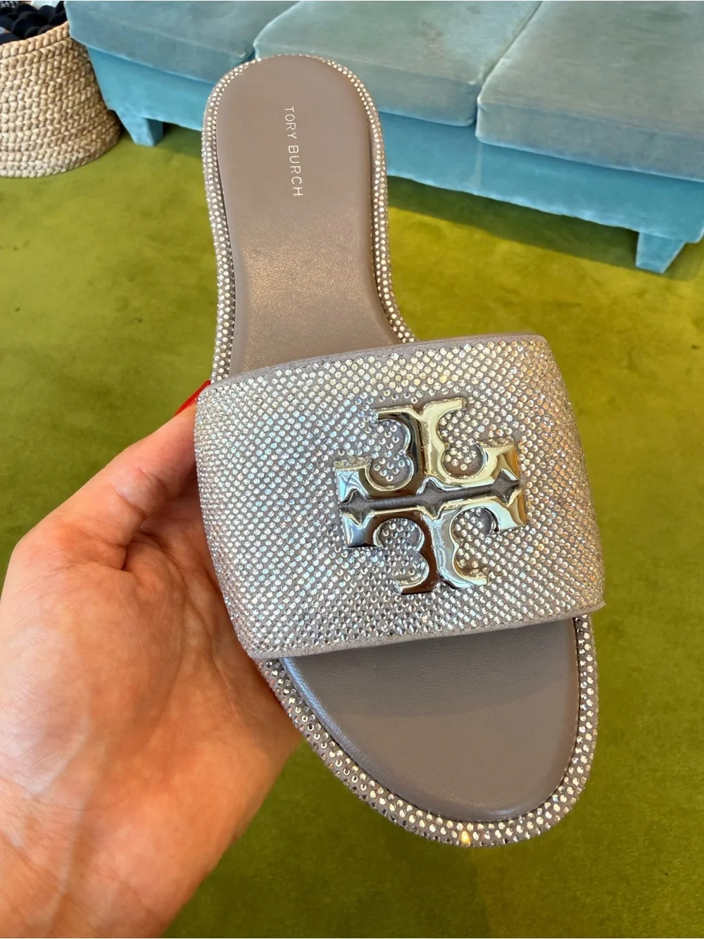 $375‎ Tory Burch Everly Rhinestone Slide Sandals, Dark Clay / Silver, RUNS SMALL